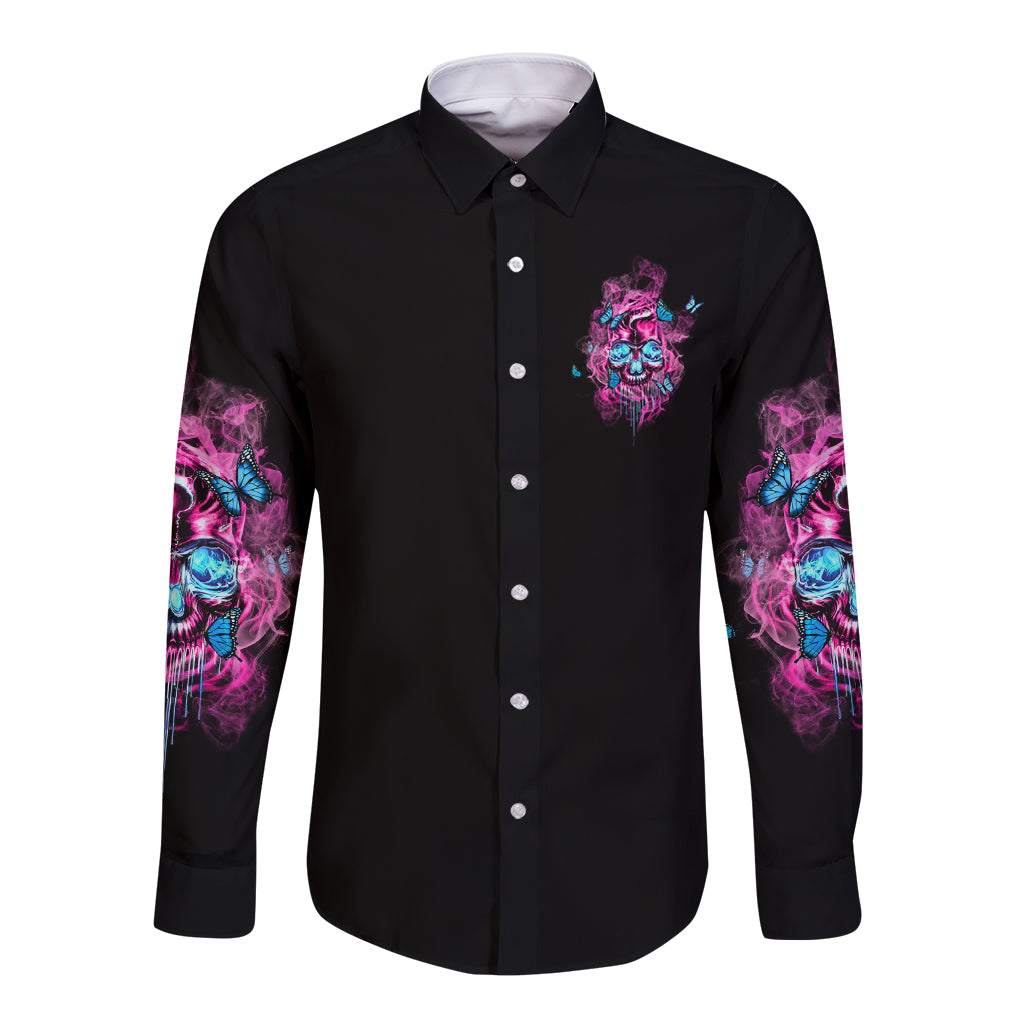 Black long-sleeve button shirt with colorful front skull graphic