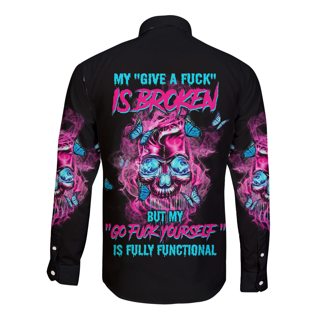 Black long-sleeve button shirt with colorful back skull and text graphic