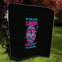 Black quilt with neon skull and slogan graphic, quilted diamond pattern and border