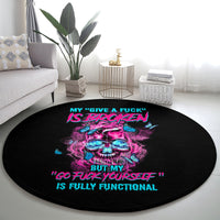 Black round carpet with centered neon skull graphic and 'FULLY FUNCTIONAL' text