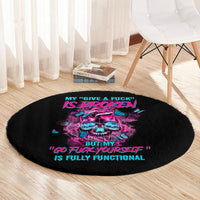 Black round carpet with neon skull graphic and 'IS FULLY FUNCTIONAL' quote text