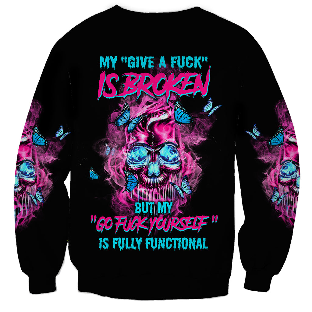 Black unisex sweatshirt, back print with skull, butterflies, and text