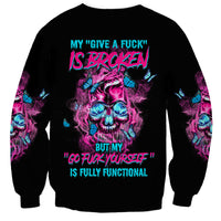 Black unisex sweatshirt, back print with skull, butterflies, and text