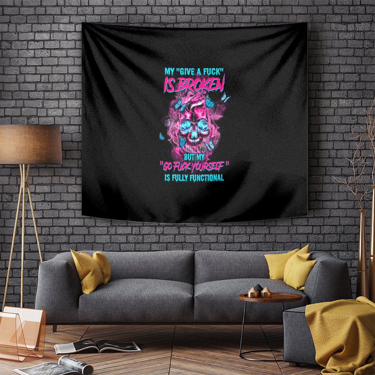 Black hanging tapestry showing neon skull artwork with multicolor slogan text