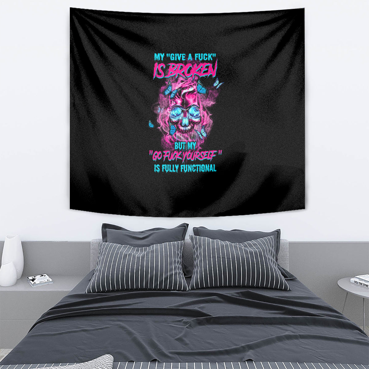 Black tapestry with neon multicolor skull graphic and stacked slogan text