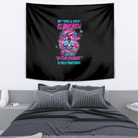Black tapestry with neon multicolor skull graphic and stacked slogan text