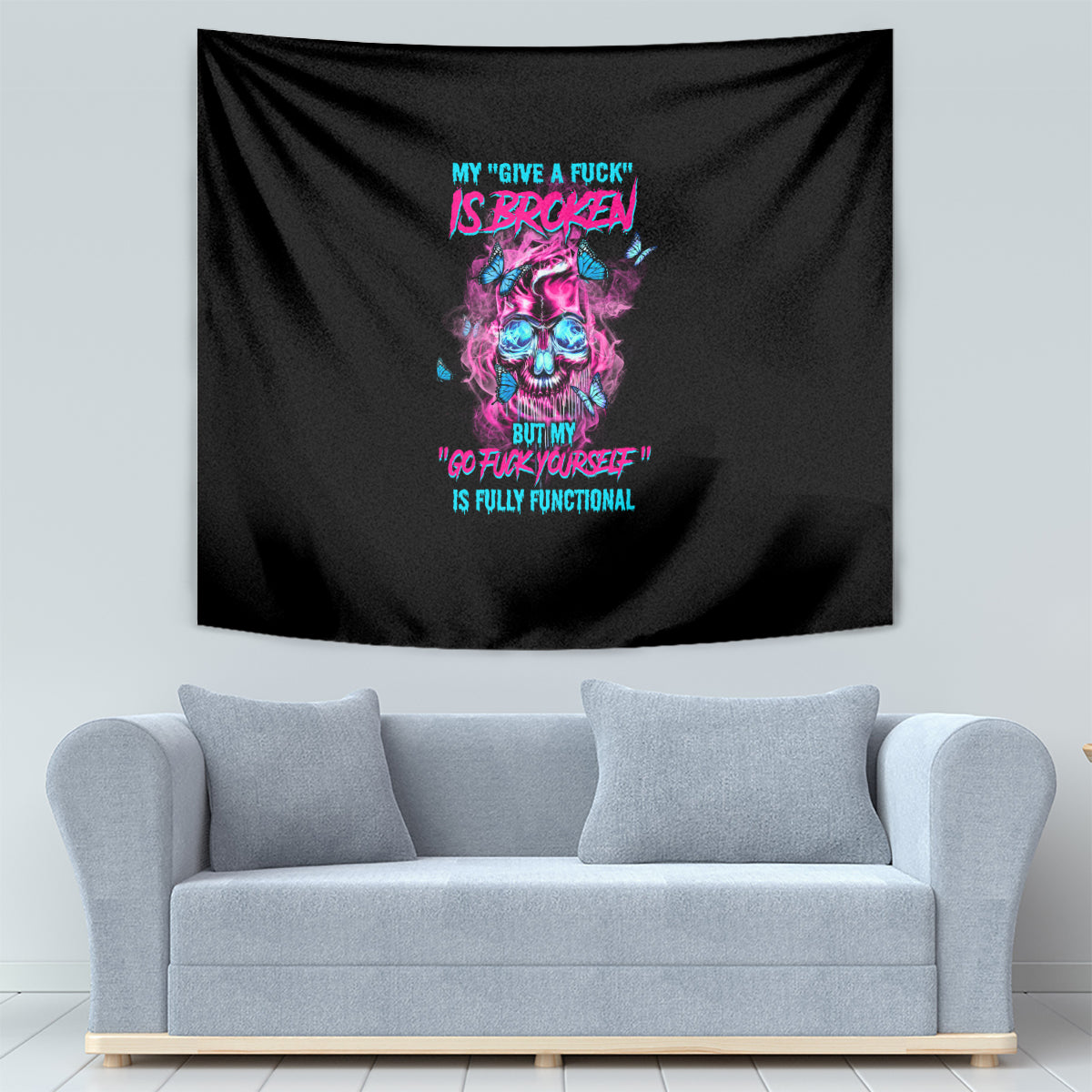 Black fabric tapestry with neon skull design and multicolor slogan lettering