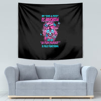 Black fabric tapestry with neon skull design and multicolor slogan lettering