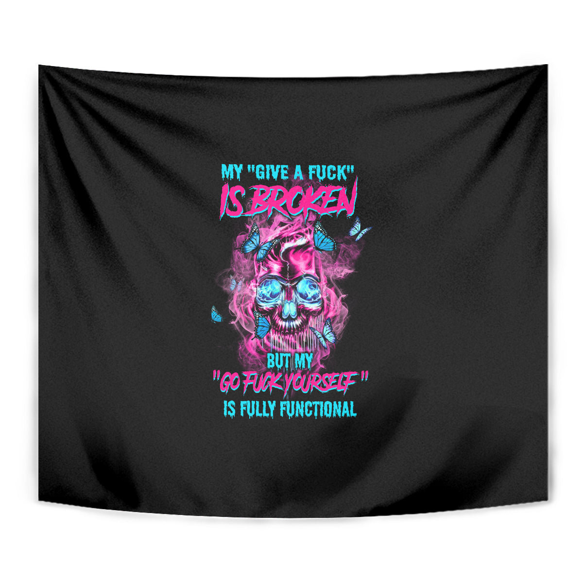 Black tapestry close view with neon skull graphic and multicolor slogan text