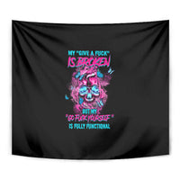 Black tapestry close view with neon skull graphic and multicolor slogan text
