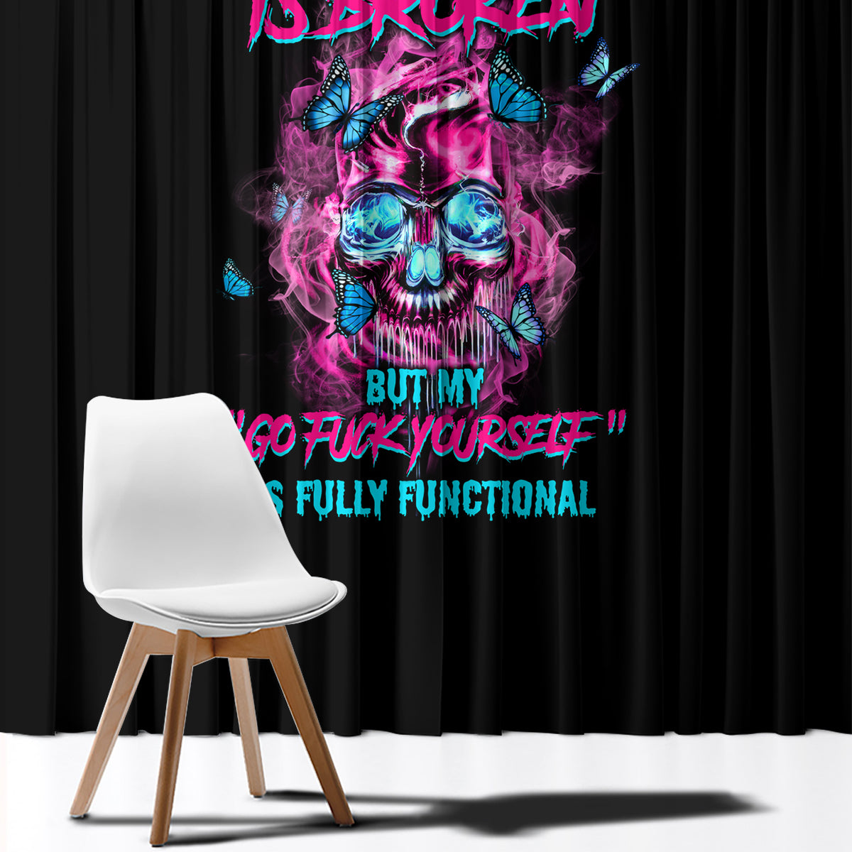 Black window curtains with vibrant skull graphic and pink/blue lettering