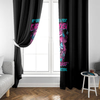 Black window curtains with colorful skull graphic on vertical panels near door