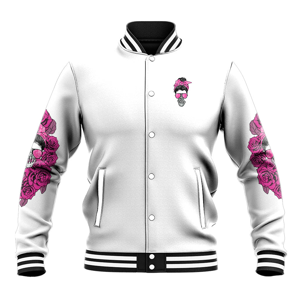 Silver satin baseball jacket with front snap buttons, pink rose sleeve patches