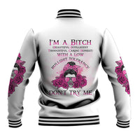 Silver baseball jacket back with bold pink text and black bun rose graphic