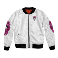 White unisex bomber jacket with pink rose sleeve prints and front skull graphic