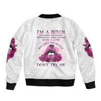 White unisex bomber jacket with back text and central skull with pink roses