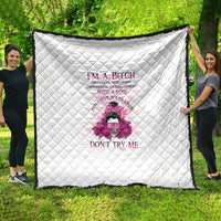 White quilt with diamond stitching and pink graphic text "DON'T TRY ME".