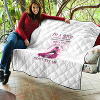 White quilt with diamond quilting, pink rose character graphic, and "DON'T TRY ME" text.