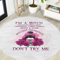 Round grey carpet with centered pink rose skull and bold DON'T TRY ME lettering