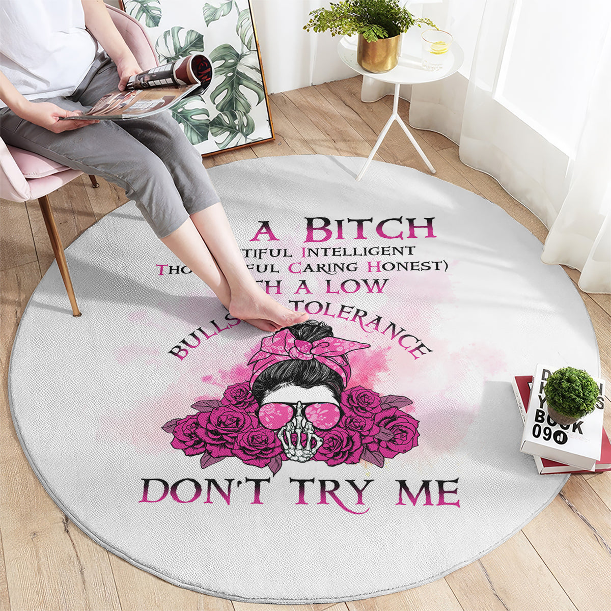 Round grey carpet with pink rose skull graphic and DON'T TRY ME text, round edge