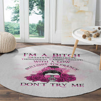 Grey round carpet with pink rose skull and DON'T TRY ME slogan near center