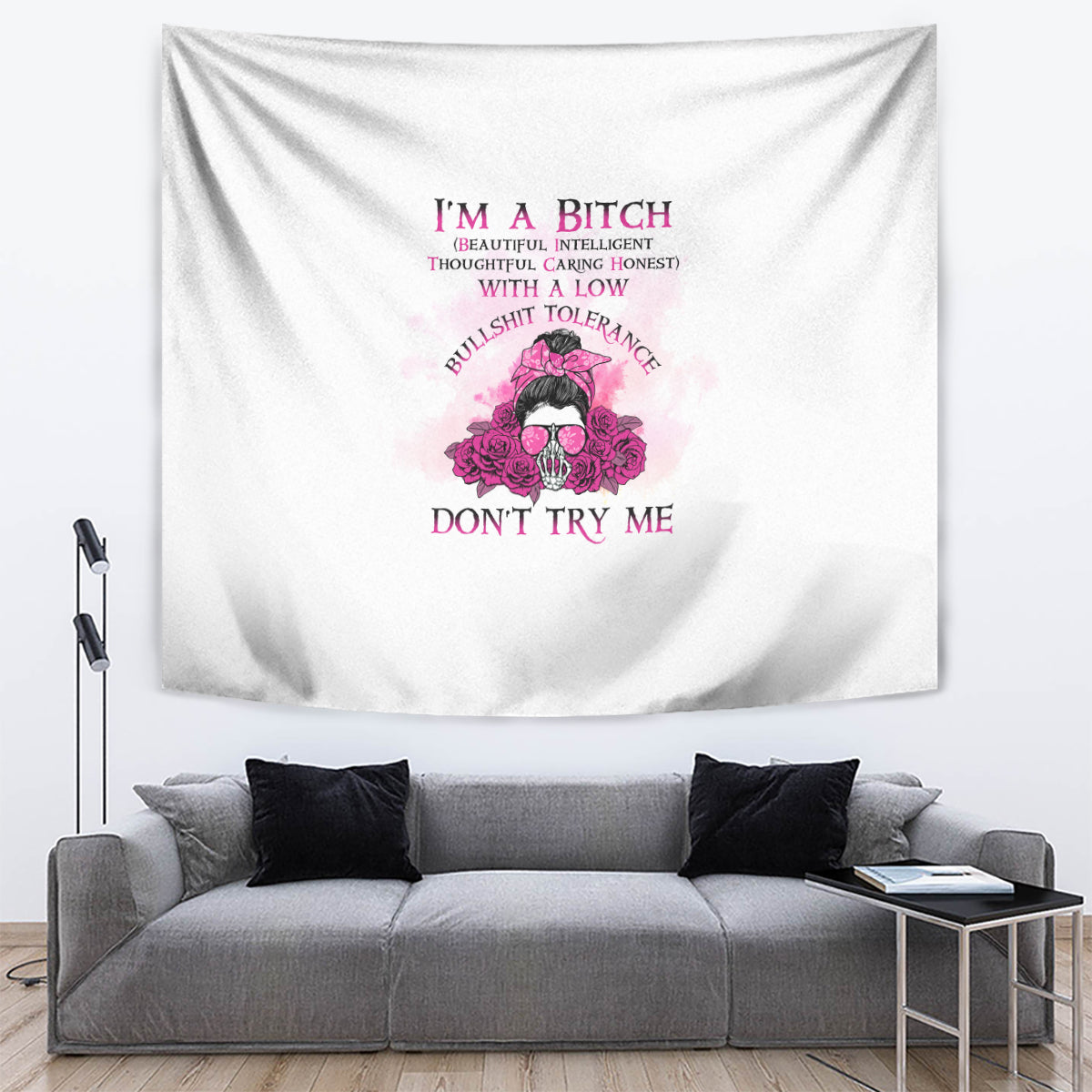 White tapestry with pink floral skull graphic and “DON'T TRY ME” quote text
