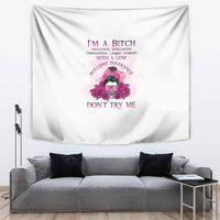 White tapestry with pink floral skull graphic and “DON'T TRY ME” quote text