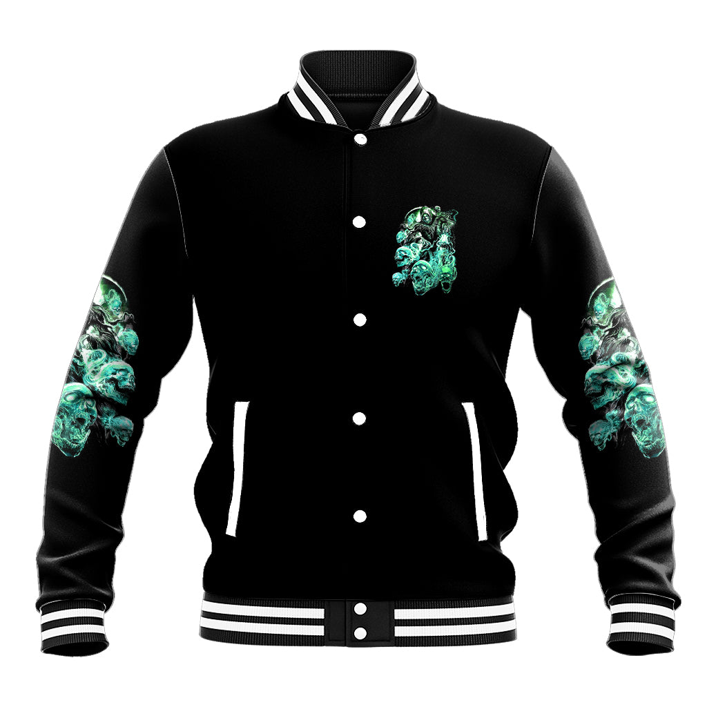 Black unisex baseball jacket with green skull graphic, snap front, striped ribbed collar
