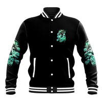 Black unisex baseball jacket with green skull graphic, snap front, striped ribbed collar