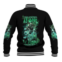 Black unisex baseball jacket back with green skull and quote text, striped ribbed hem