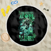 Round 150cm beach blanket, black with green reaper-skull print and white fringe border
