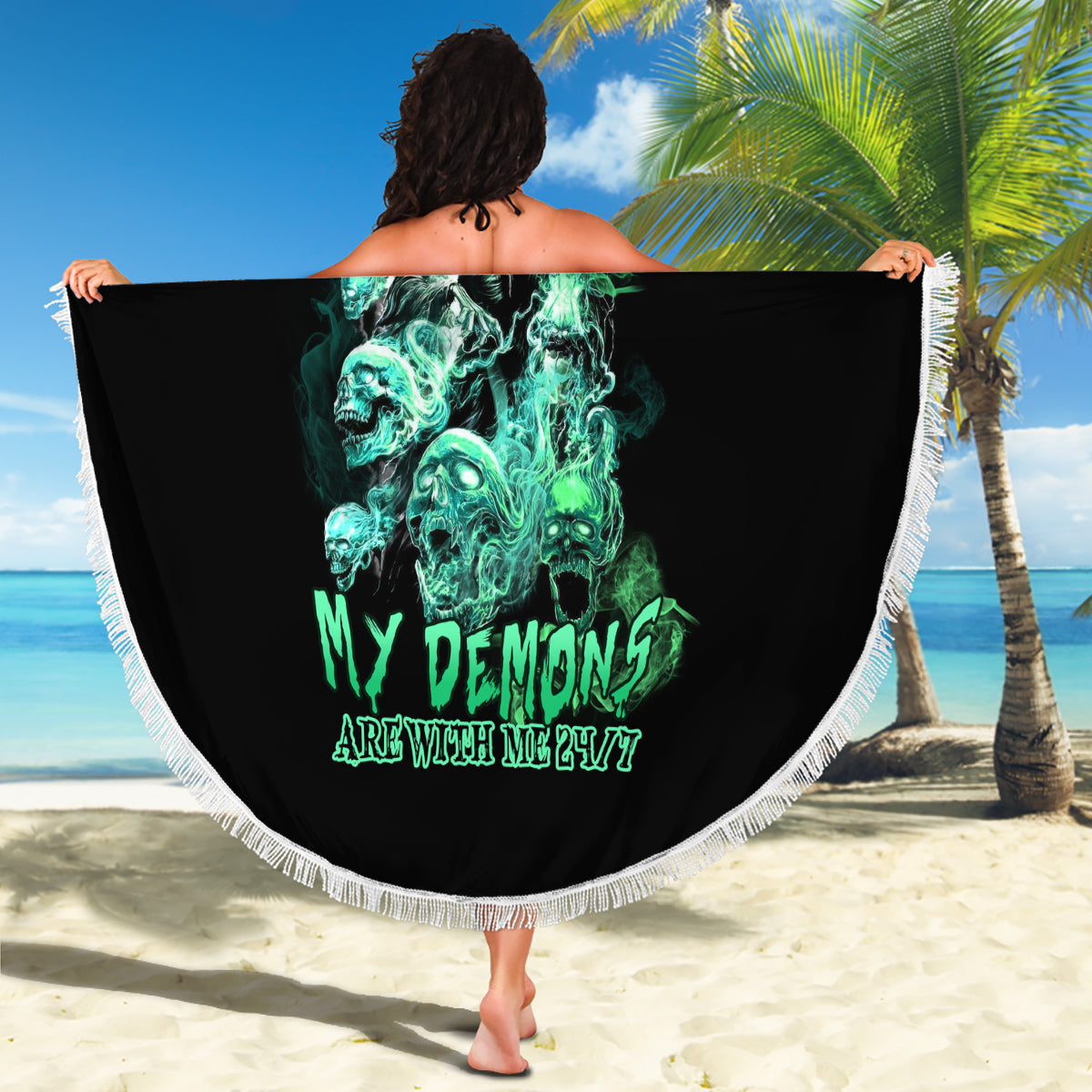 Round 150cm beach blanket, black with green reaper-skull print and white fringe trim