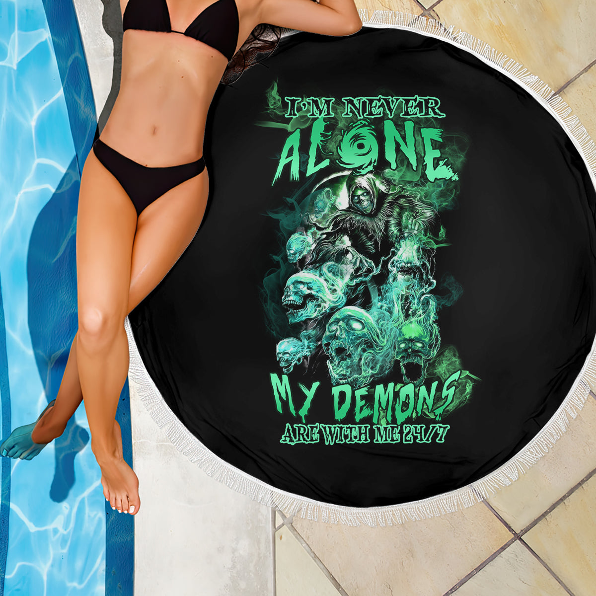 Round 150cm beach blanket, black with green reaper-skull print and white fringe border