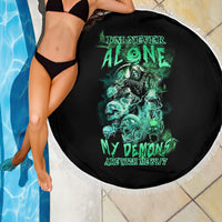 Round 150cm beach blanket, black with green reaper-skull print and white fringe border