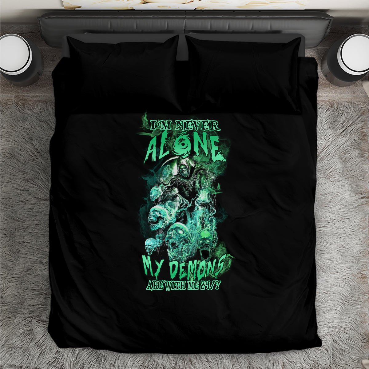 Skull reaper bedding set with black duvet and pillows, centered teal skull artwork
