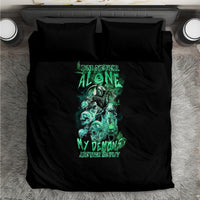 Skull reaper bedding set with black duvet and pillows, centered teal skull artwork