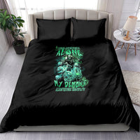 Skull reaper bedding set: black duvet with teal skull graphic on matching pillows