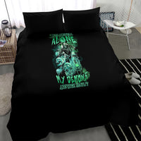 Skull reaper bedding set: black duvet with large teal skull print and two pillowcases