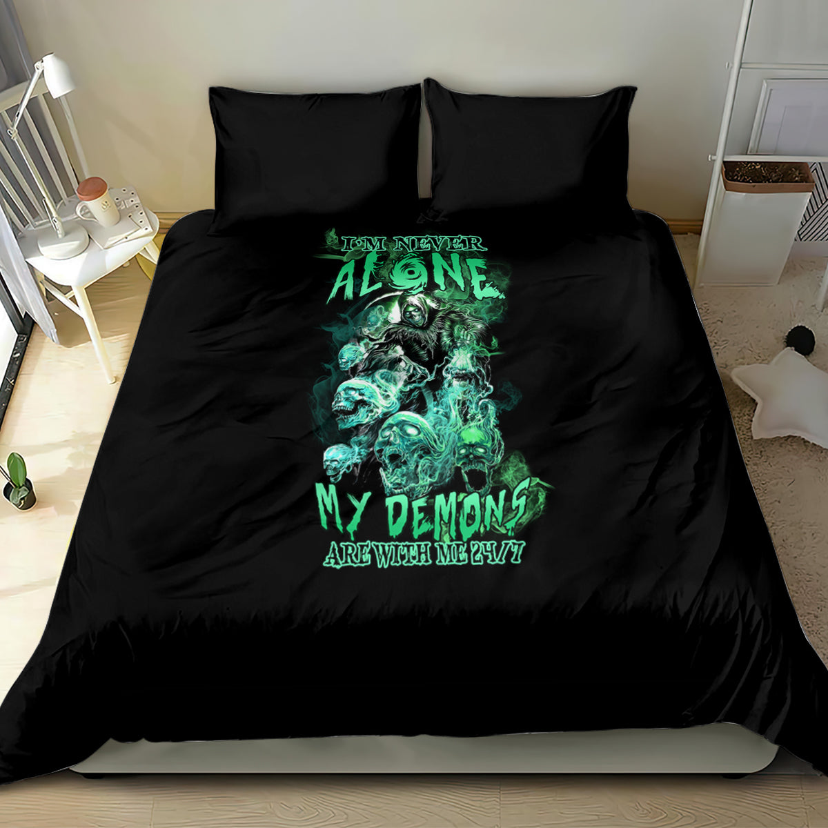 Skull reaper bedding set with black duvet and pillows featuring teal skull and text