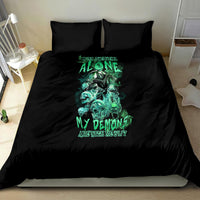Skull reaper bedding set with black duvet and pillows featuring teal skull and text