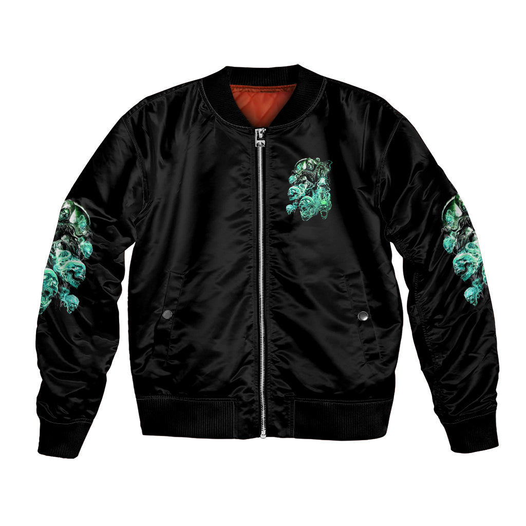 Black satin bomber jacket with front zipper and turquoise skull graphic on chest, sleeves