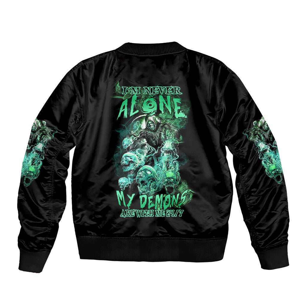 Black satin bomber jacket with back neon text and large turquoise skull graphic