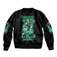 Black satin bomber jacket with back neon text and large turquoise skull graphic