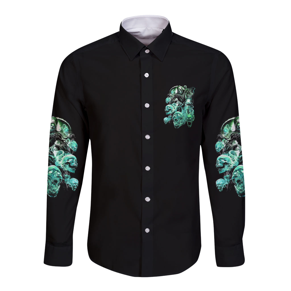 Black long sleeve button-up shirt with green skull reaper graphic at chest and sleeves