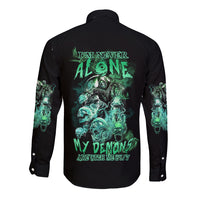 Black long sleeve button-up shirt with green back text and large skull reaper print