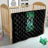 Black quilt for a crib with teal skull reaper artwork and diamond stitched design