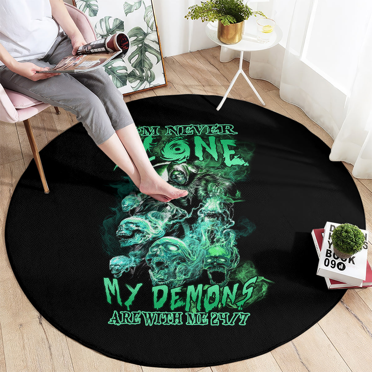 Round black graphic carpet with green skull reaper and slogan text