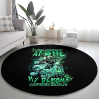 Round black carpet featuring green skull reaper art and decorative wording