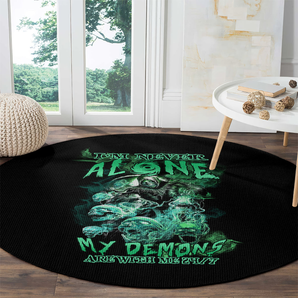 Round black graphic rug with centered green skull reaper and slogan