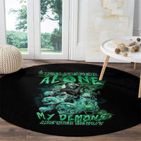 Round black graphic rug with centered green skull reaper and slogan